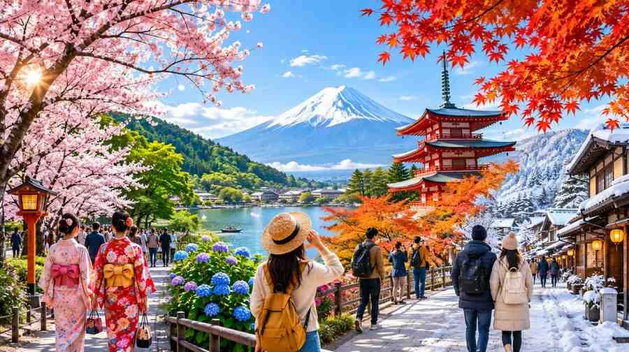 Japan travel across all four seasons with tourists, Mount Fuji, cherry blossoms, autumn foliage, and snowy villages.