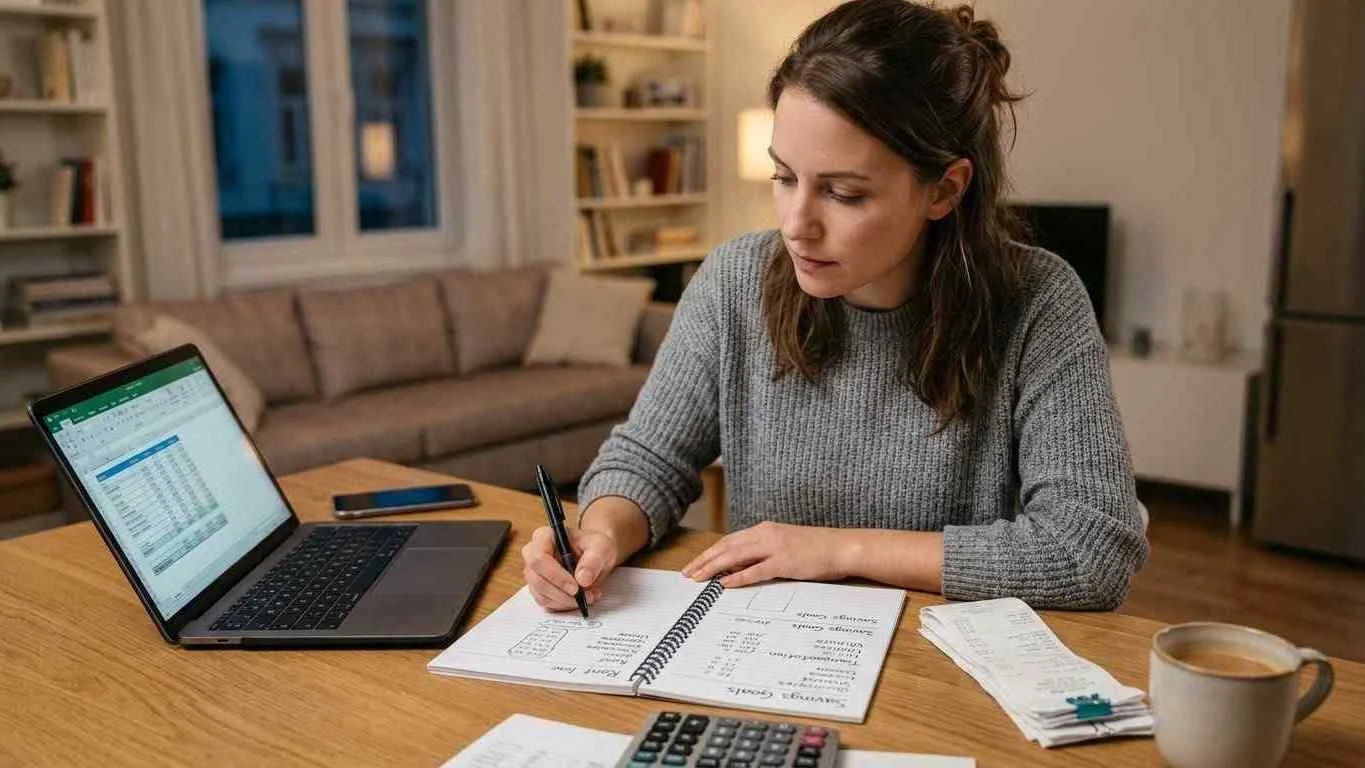 A woman sitting at a dining table at night reviewing her monthly budget spreadsheet on a laptop while writing down savings goals in a notebook next to a calculator and a cup of coffee.