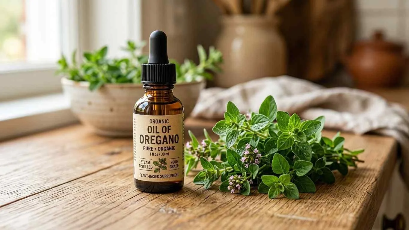 An amber glass dropper bottle of oil of oregano resting on a clean wooden surface next to fresh oregano leaves.