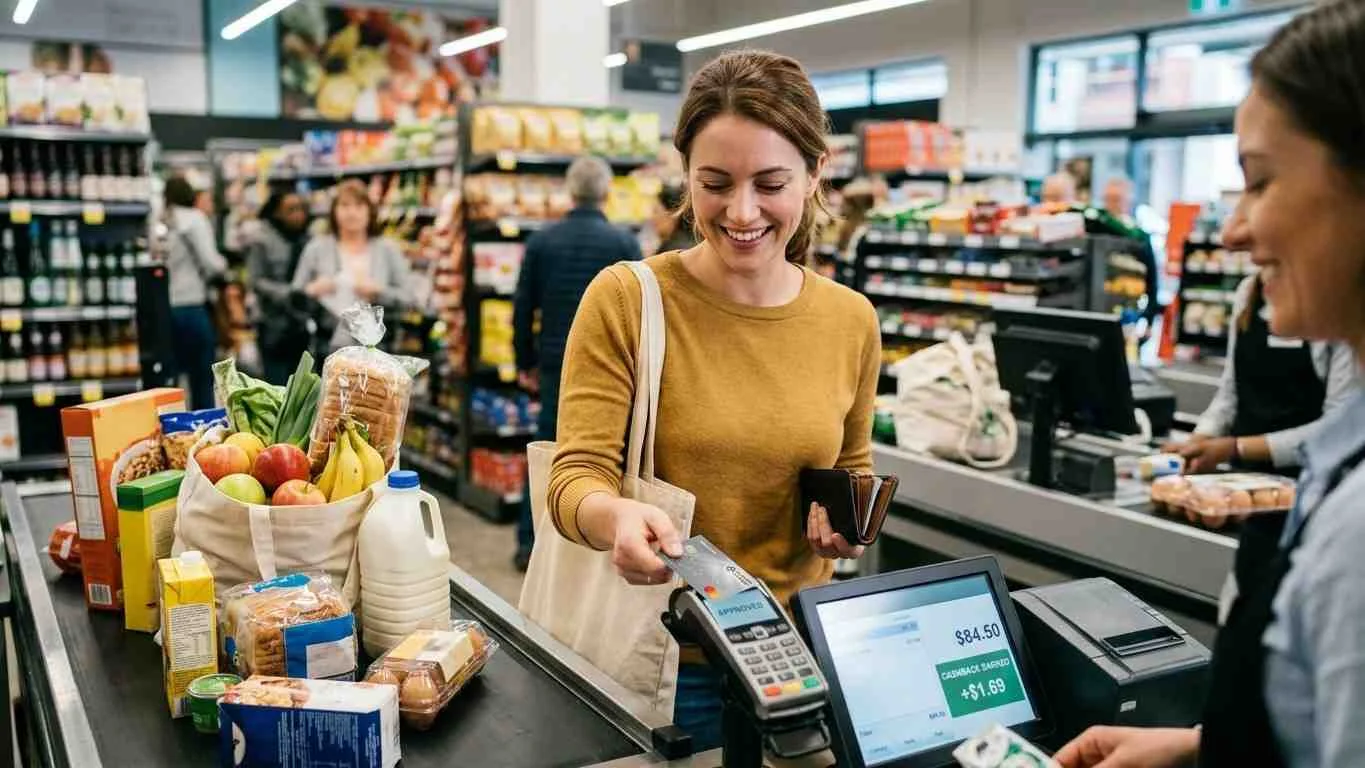 A woman tapping her credit card at a supermarket checkout terminal to earn cashback on everyday grocery purchases.