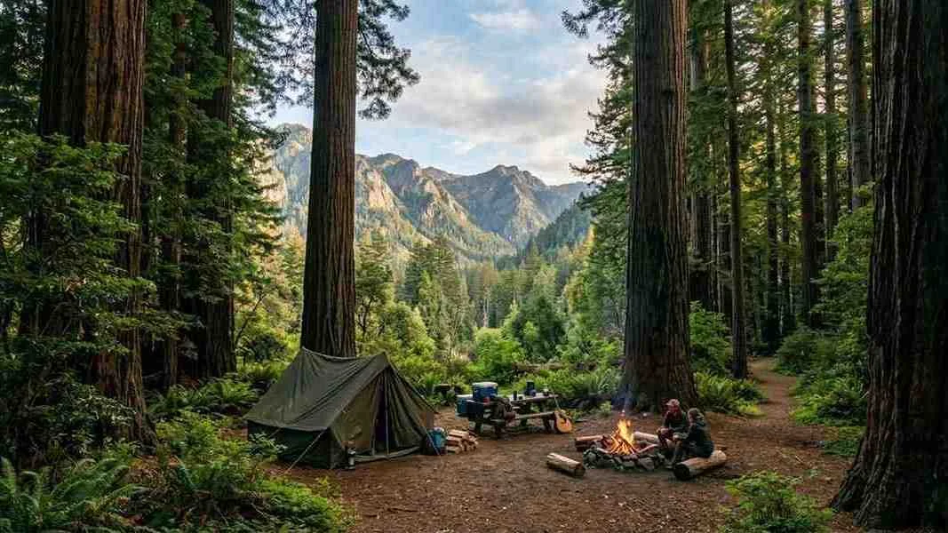 A realistic campsite set among massive California redwood trees with a tent, campfire, and distant mountain views.
