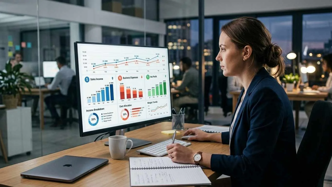 A realistic, clean financial analytics dashboard displayed on a desktop computer screen in a modern office, featuring visual charts, bar graphs, and metrics for sales income, business expenses, and net profit margins.
