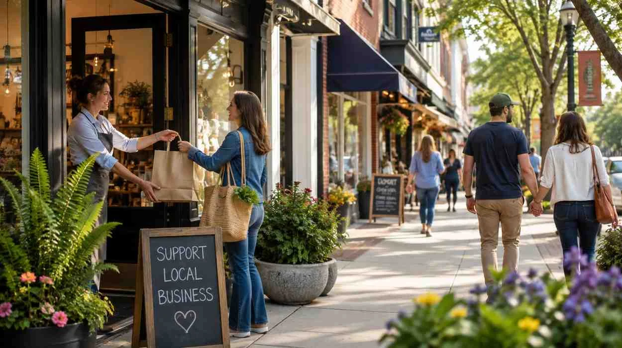People supporting local businesses on a vibrant neighborhood main street with independent shops and welcoming storefronts.